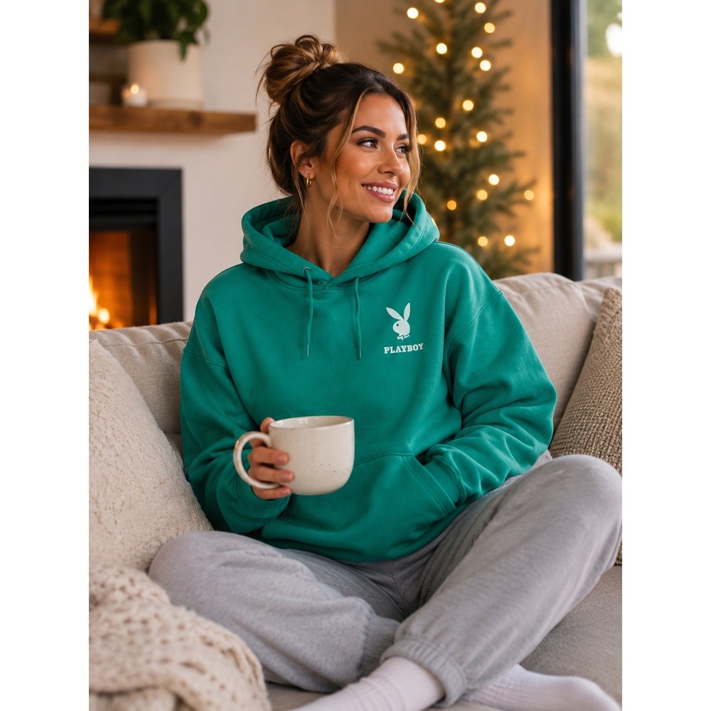 Playboy Women Green Bunny Logo Pullover Hoodie Sweatshirt XS Y2K loungewear